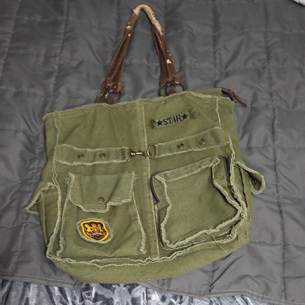 Green Canvas Tote Bag with Brown Handles